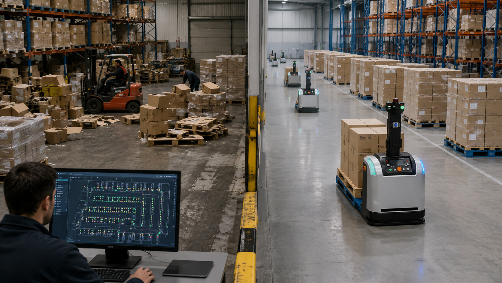 Manual forklift work contrasted with coordinated AGV material flow
