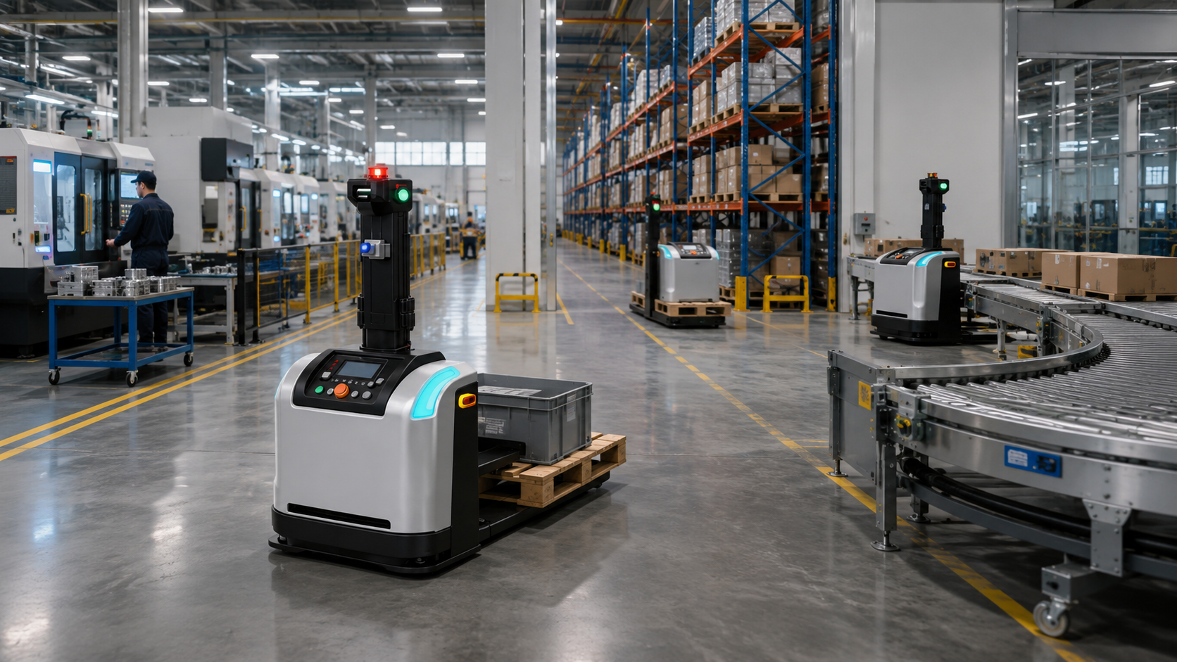 AGVs working alongside production equipment and conveyors