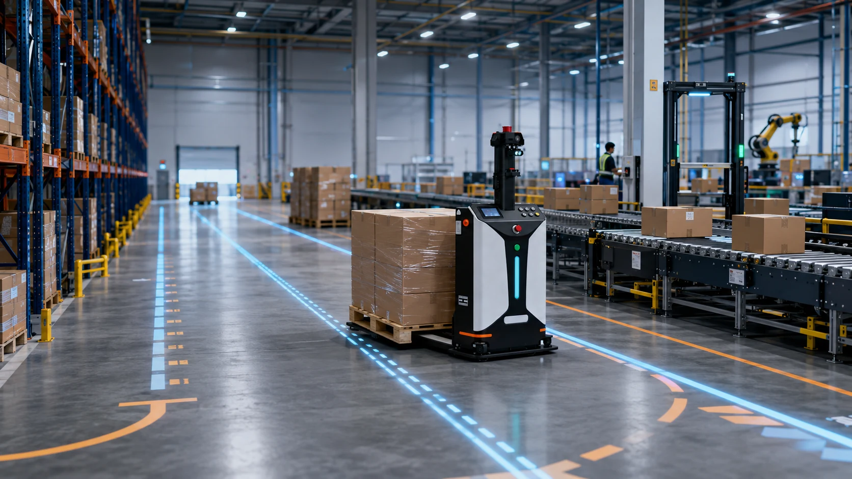 AGV moving pallet loads along a defined transport route beside conveyor equipment in a warehouse