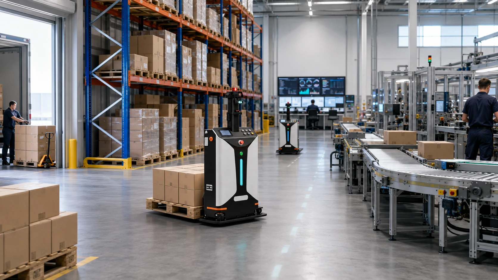 Intralogistics process scene with pallet storage, conveyor equipment, and autonomous material movement inside a warehouse operation