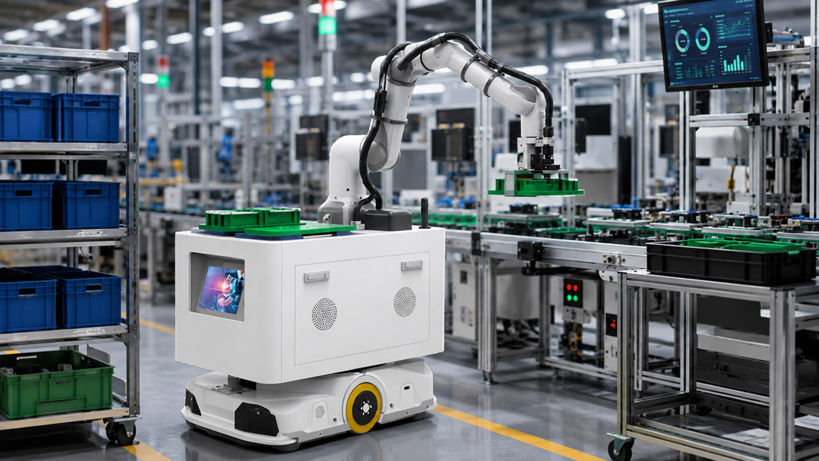 Mobile manipulator transferring material at a production workstation