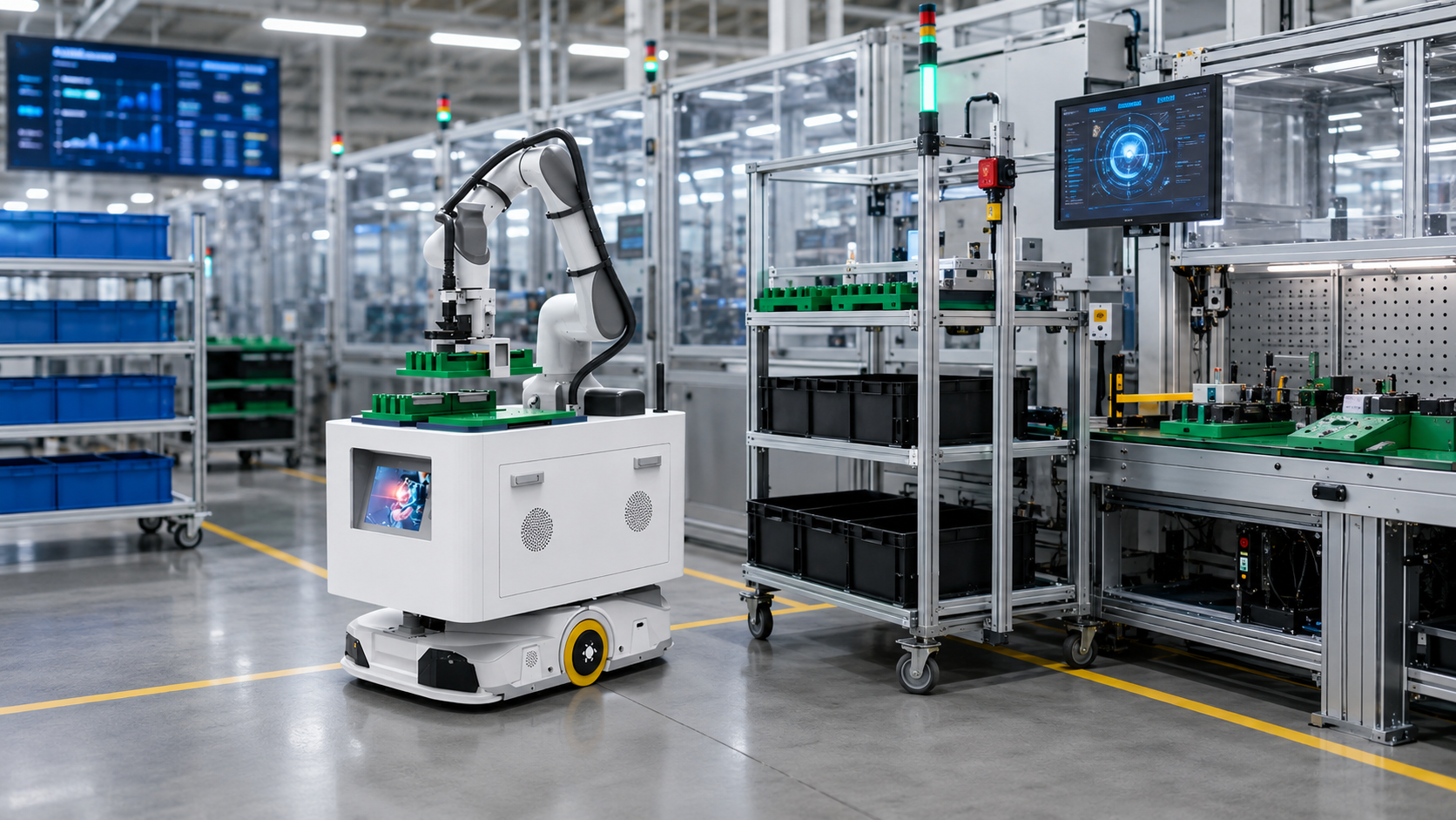 AMR delivering bins to a production line for line-side replenishment