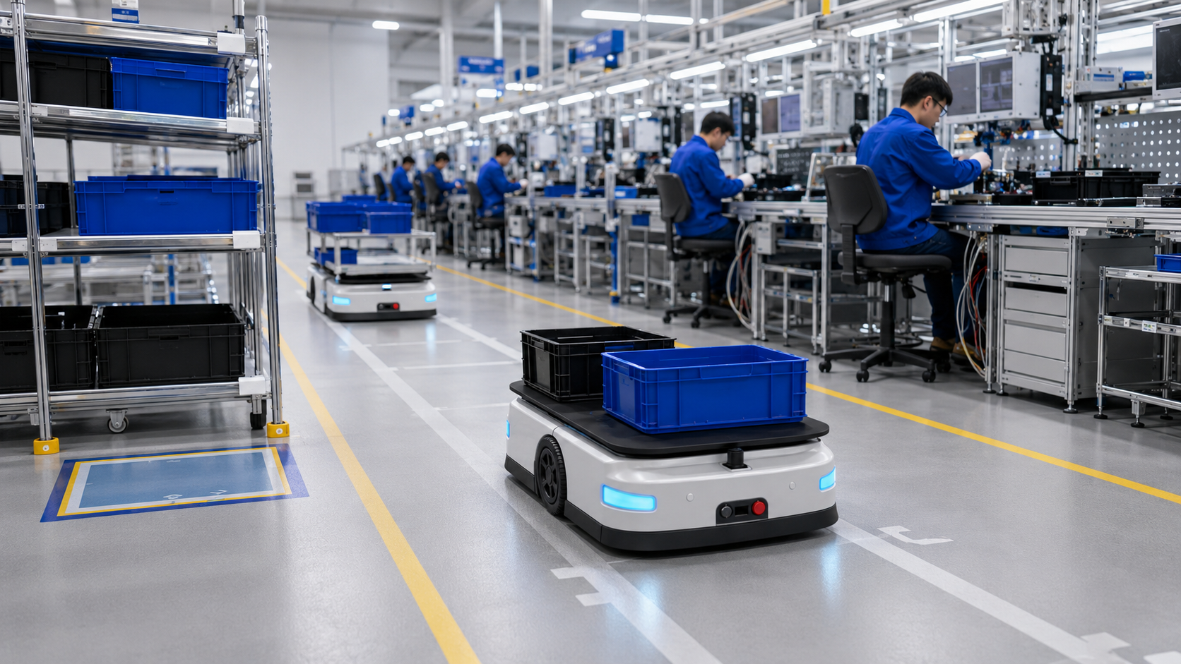 Integrated line-side logistics with AGV transport and composite robot workstations