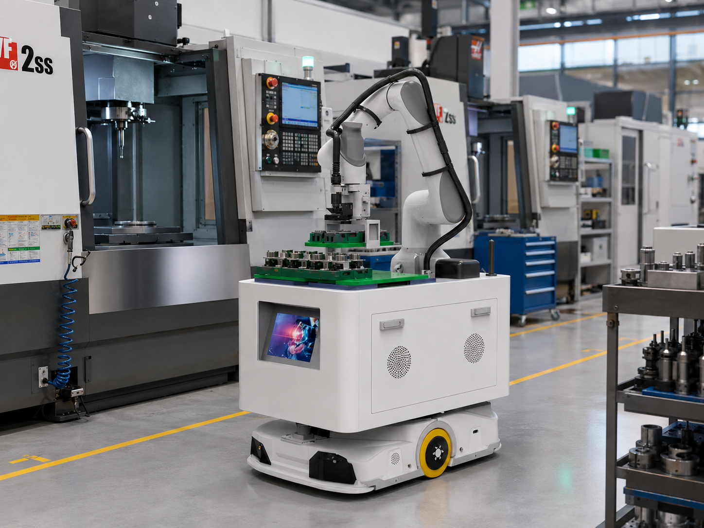 Mobile machine tending robot with robotic arm serving CNC equipment inside a machining workshop