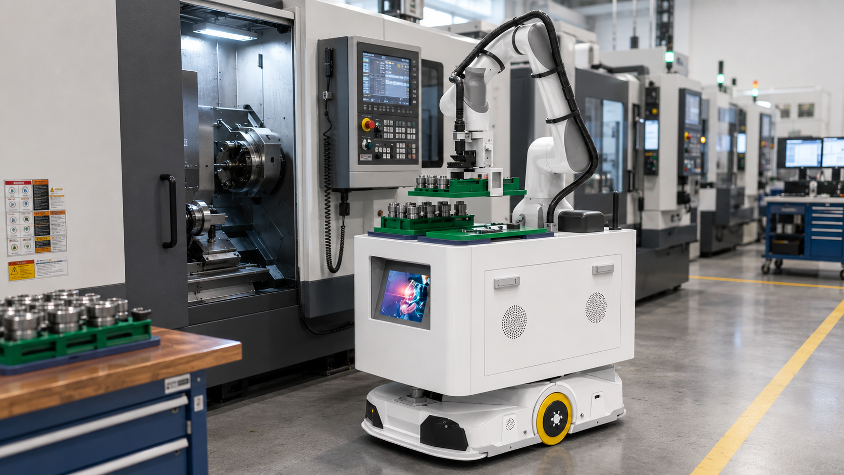 Machine tending robot positioned beside a CNC machine with organized part trays for automated loading and unloading