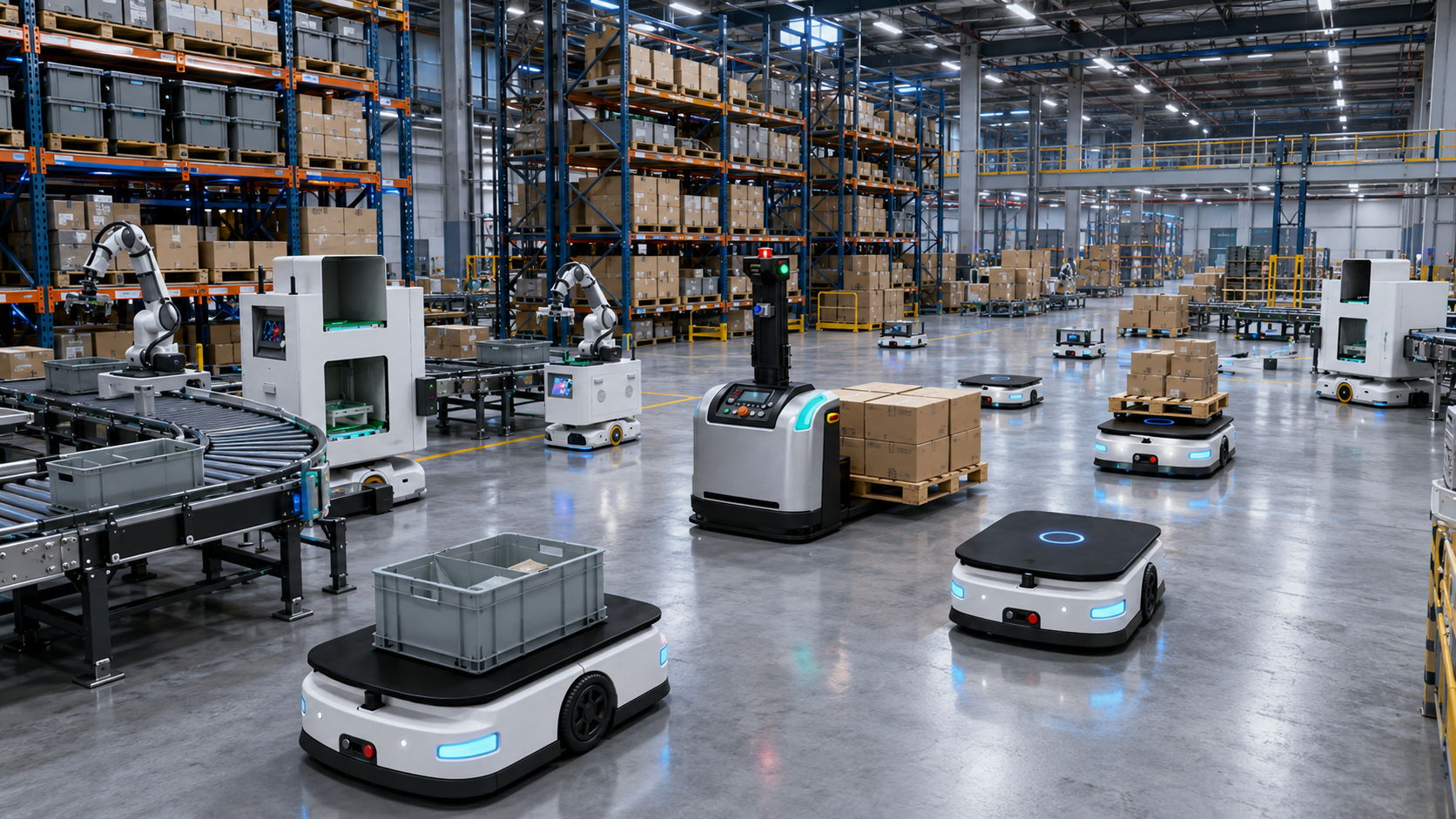 Panoramic warehouse automation environment with AMRs, autonomous forklifts, conveyors, and robotic workstations